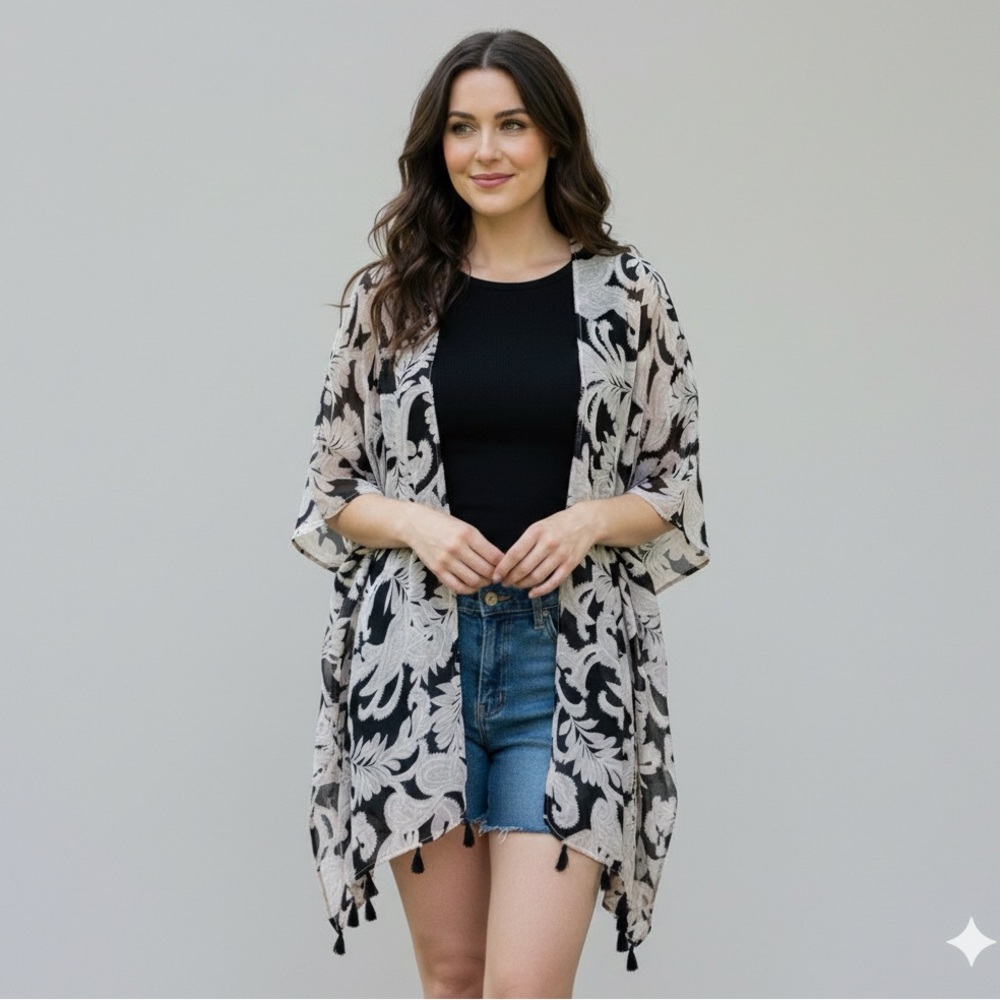 Willi Smith Black White Paisley Tassel hem Sheer Kimono Cardigan Cover‎ Up 1X